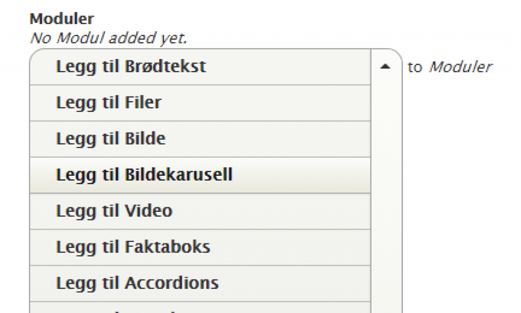 Åpent modulfelt viser flere valgmuligheter.